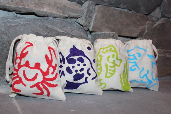 Hand-Stenciled Sea Creatures Gift or Party Favor Bags Cotton Muslin ...