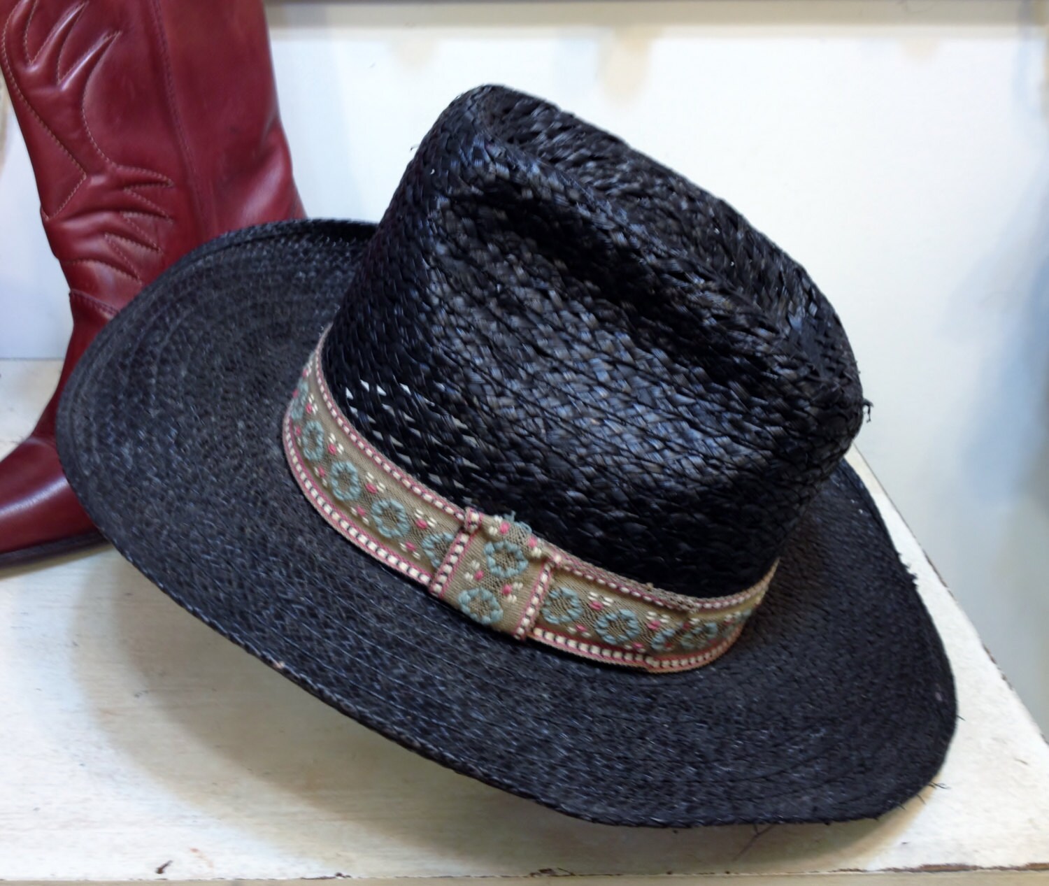 1980's Black Straw Women's Cowboy Hat by Adam Size 7