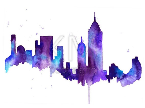 New York City Skyline Print Watercolour Wall Art Modern