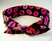 Retro Headband - Pin Up Hair Scarf - Red and Pink Scattered Lips 100% Cotton Fabric - Knotted Headband - Rockabilly Hair Bow