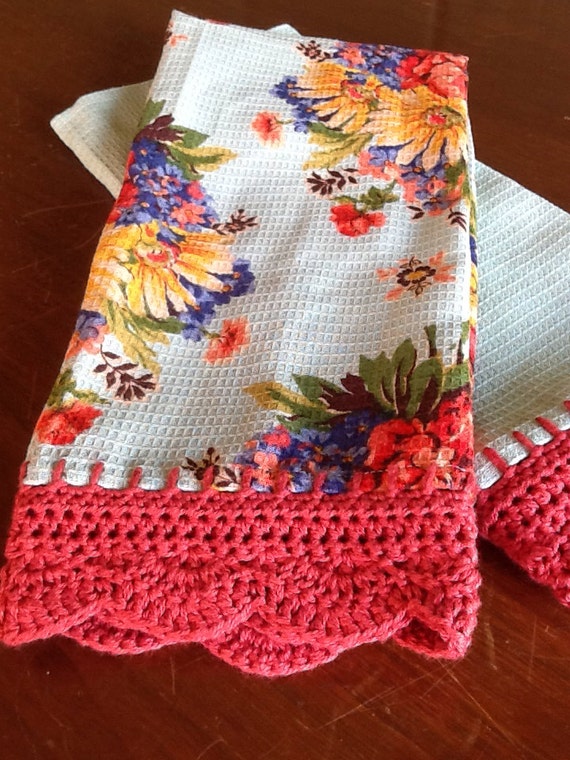 Set of tea towels with crocheted edge