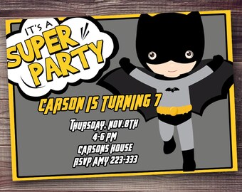 quick ship, customized Superhero invitation, batman, invitation FREE wording customization, gray mustard yellow superhero invitation