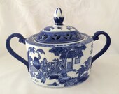 Blue Asian Serving, Steam Server, Chinoiserie Design, Two handle Asian pot, Blue Floral Dish, Pierced steam lid, Vintage Bombay, Home Decor