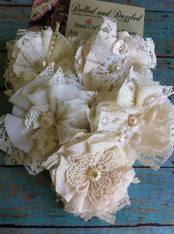 Set of 5/ Custom Made to Order/ Ivory Wedding Decorations/ Bridal Hairclips/ Dress Sash Embellishments/ Womens Brooch Pins/ Shabby Appliques