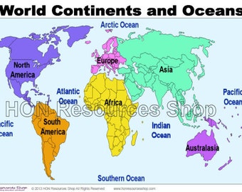 World Continents and Oceans Map Printable Poster