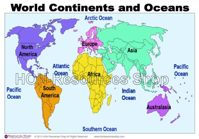 World Continents And Oceans Map Printable By HONResourcesShop