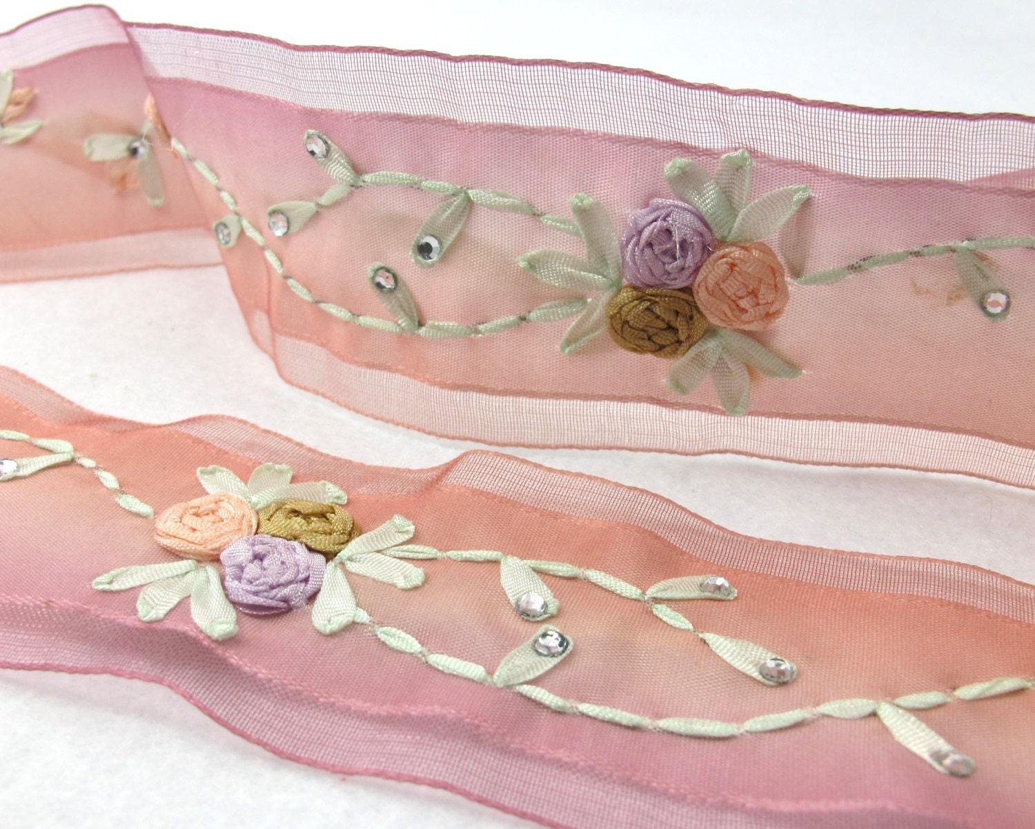 Embroidered Floral Ombre Printed Ribbon TrimWith RhinestoneUnique
