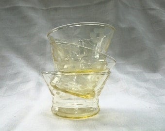 Yellow glass etched with floral design custard cups,glass votive candle, floating candle holders, dessert cups, sorters, jewelry holder