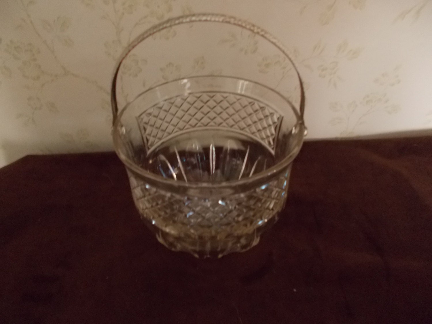 Vintage Cut Glass Ice Bucket With Hammered Metal Handle