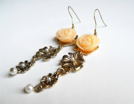 Gold / Pink Rose Costume Earrings