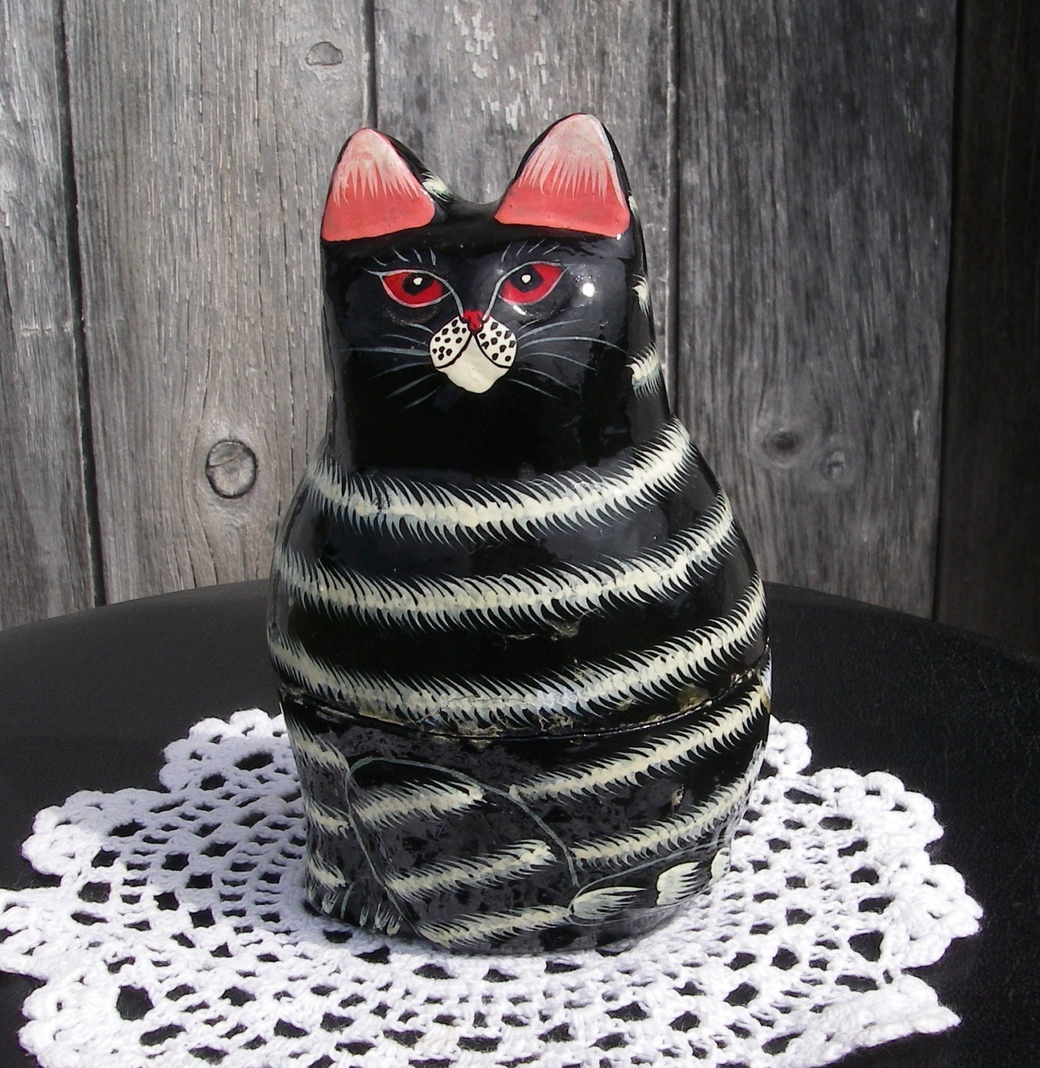 Cat Figurine Vintage Sudha India Hand Painted Papier Paper Mache Cat