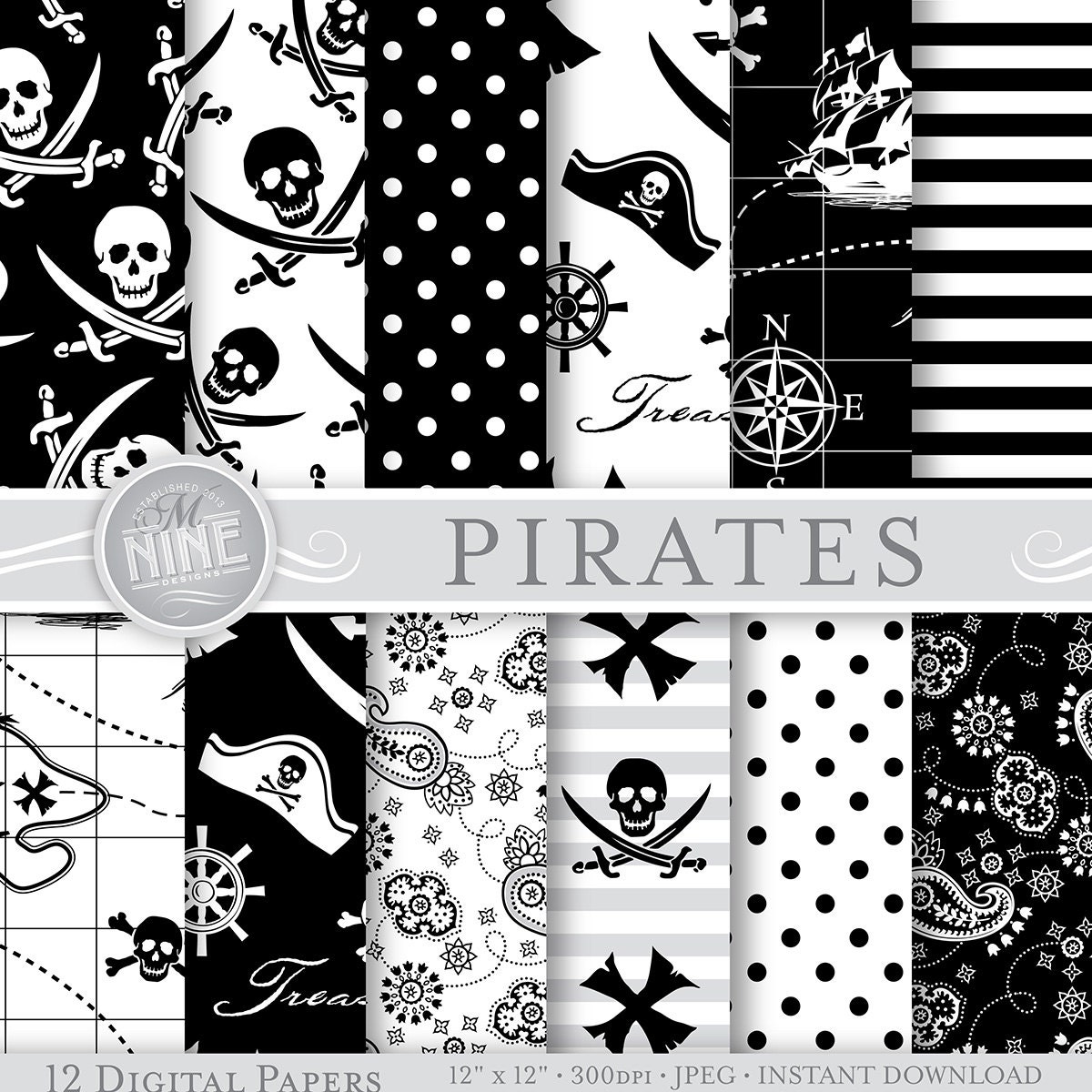 Black &amp; White PIRATES Prints Digital Paper Pattern Print