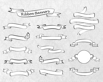 Digital Ribbon Banners Clipart, Elements for Card Design, hand drawn, PNG files, Personal and Commercial Use