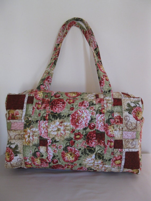 Large Quilted Fabric Duffle Bag / Floral Weekender Carry On