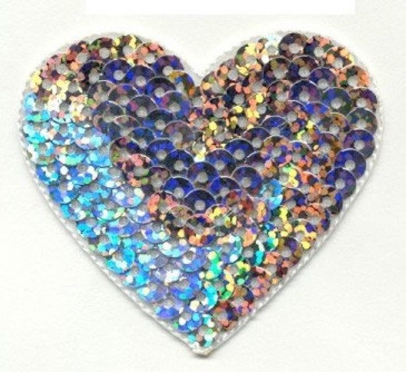 Iron On Patch SEQUIN HEART SILVER 2 1/8 X 2 Applique Iron or