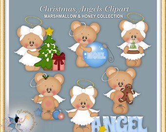 Christmas Angels Clipart, Teddy Bear, Marshmallow and Honey
