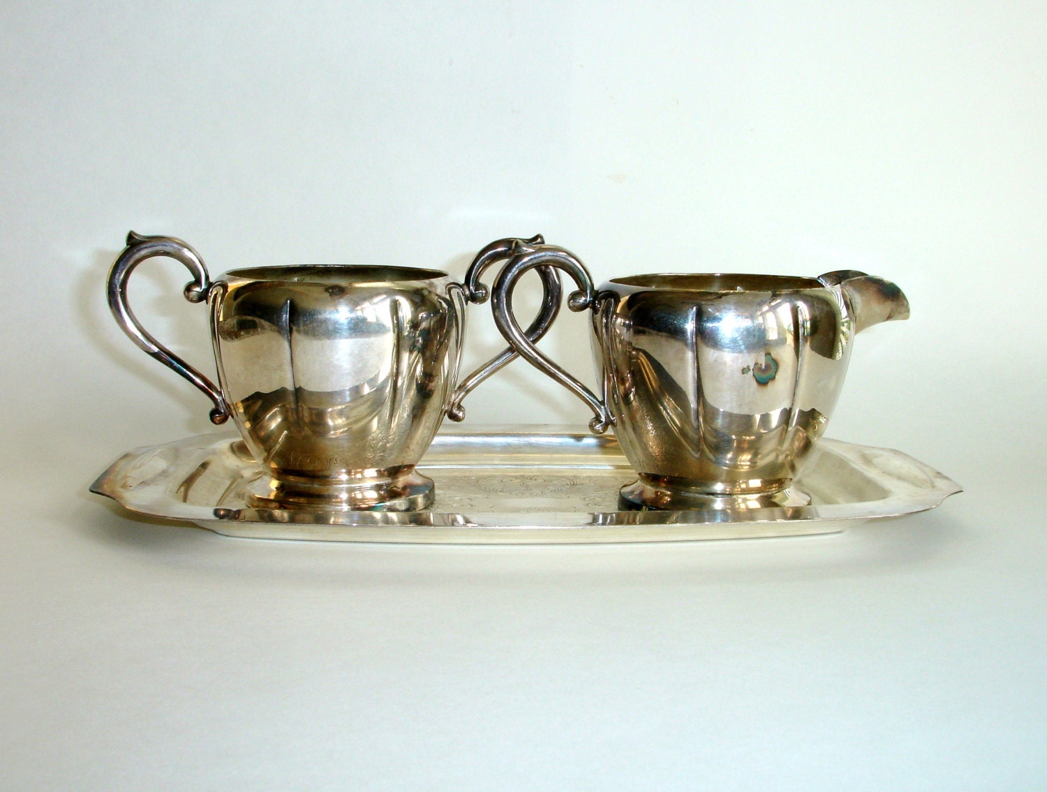 Vintage Silver Plate Creamer and Sugar Bowl Set with Tray