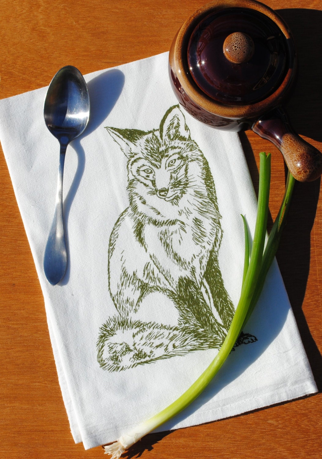 Olive Green Fox Kitchen Towel Eco Friendly by HeapsHandworks