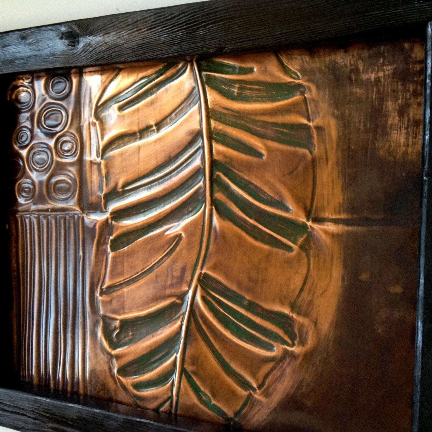Copper Relief Wall Art Green Leaf Lines and Circles Black