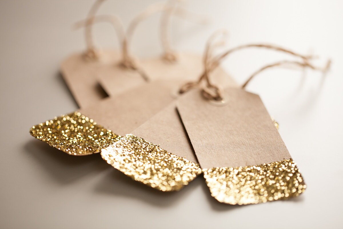 Set of 8 Gold Glitter Gift Tags Holiday Gift Wrap Metallic