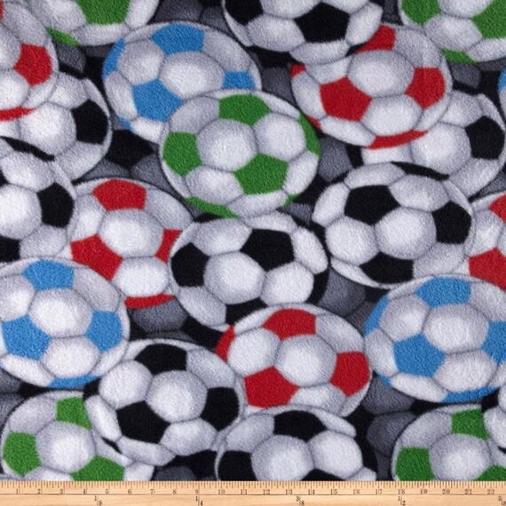 Multi colored Soccer balls Fleece Fabric By The Yard