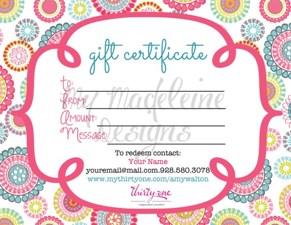 Printable Thirty One Gift Certificate By MyMadeleine On Etsy