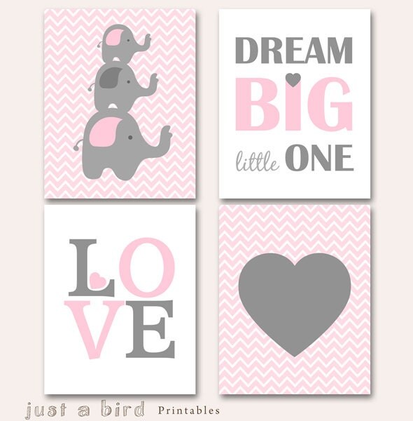 Elephant art printable baby girl nursery set pink grey