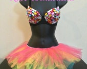 Rainbow Multi Colored Rhinestone Diamond Bling Rave Outfit Bra and Rainbow Tutu Costume