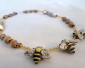 Bee and Flowers Necklace - Garden Jewelry - Bee Jewelry - Flower Necklace for Her - Amber Colored Jewelry for Teens - Women's Jewelry
