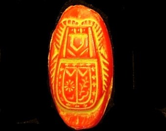 Vintage glass cabochon, deep orange red, scarab motif, 10 mm x 18 mm