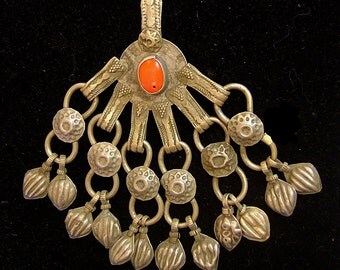 Old Turkoman tribal silver pendant, 3 x 5 inches,nexcellent condition