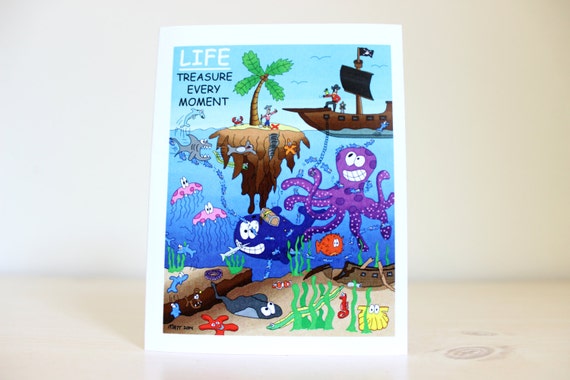 Life Treasure Every Moment Card - Handmade - Happy Birthday - Father's Day Dad Nursery Pirate Animal Nautical Bright Colorful Comic Cartoon