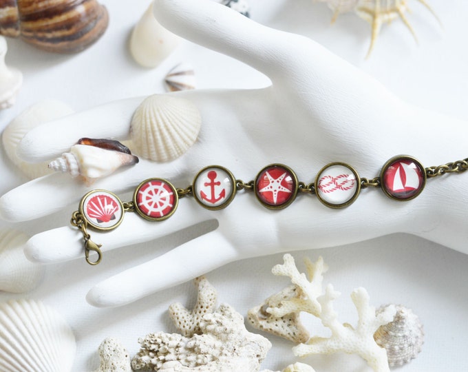 SEA BREEZE Bracelet made from metal brass under glass, Shell, Ship, Rudder, Anchor, Starfish, Pastel, Red, Brown