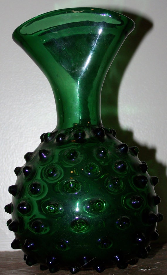 Vintage Handblown Green Glass Hobnail Vase