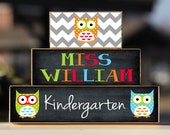 Owl Teacher Sign Back to School Custom Personalized -Trio Wood Blocks Stack - Classroom Decor/Gift - Wooden Block