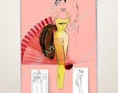 Fashion Illustration - Elegant young lady with yellow dress. My original drawing inspired at 1950s fashion.  With  pre-cut matboard 30x40 cm