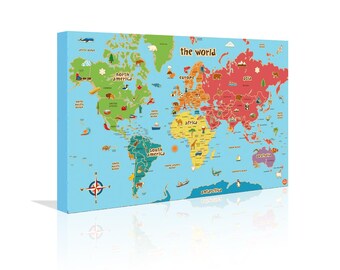 Map Of The World On Canvas Children's World Map Canvas 20 x 12 24 x 16 Wall Art Fun Gift Essentials Kids Children