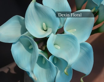 9pcs Real Touch Light Aqua Blue Calla Lily Stems Turquoise For Silk Wedding Bouquets, Centerpieces, Wedding Flowers