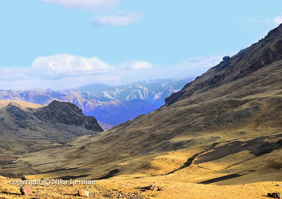 Mountains of Peru. Andes hills fields. Blue sky and by NikaLerman