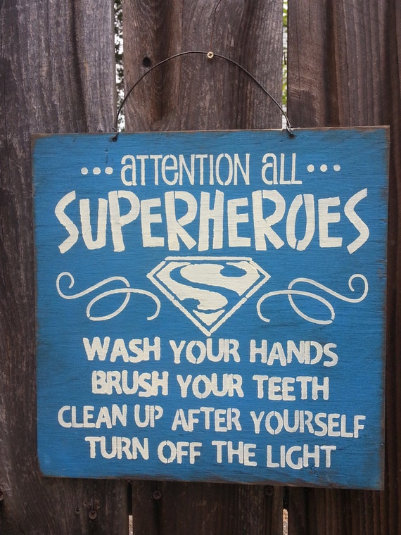 Attention All Superheroes, boys sign, kids decor, bathroom sign, kids bathroom decor