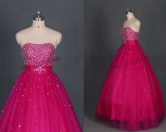 2015 long rose red tulle prom dress with sequins,sweetheart quinceanera ...