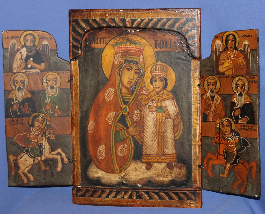 Vintage Tempera on Wood Hand Painted Triptych Icon Virgin Mary