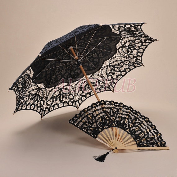 Vintage Lace Fan Parasol Set, Old Fashion Umbrella, Battenburg Lace Parasol, Bridal Shower Parasol, Black Wedding Fan Umbrella 13A2+SZ22