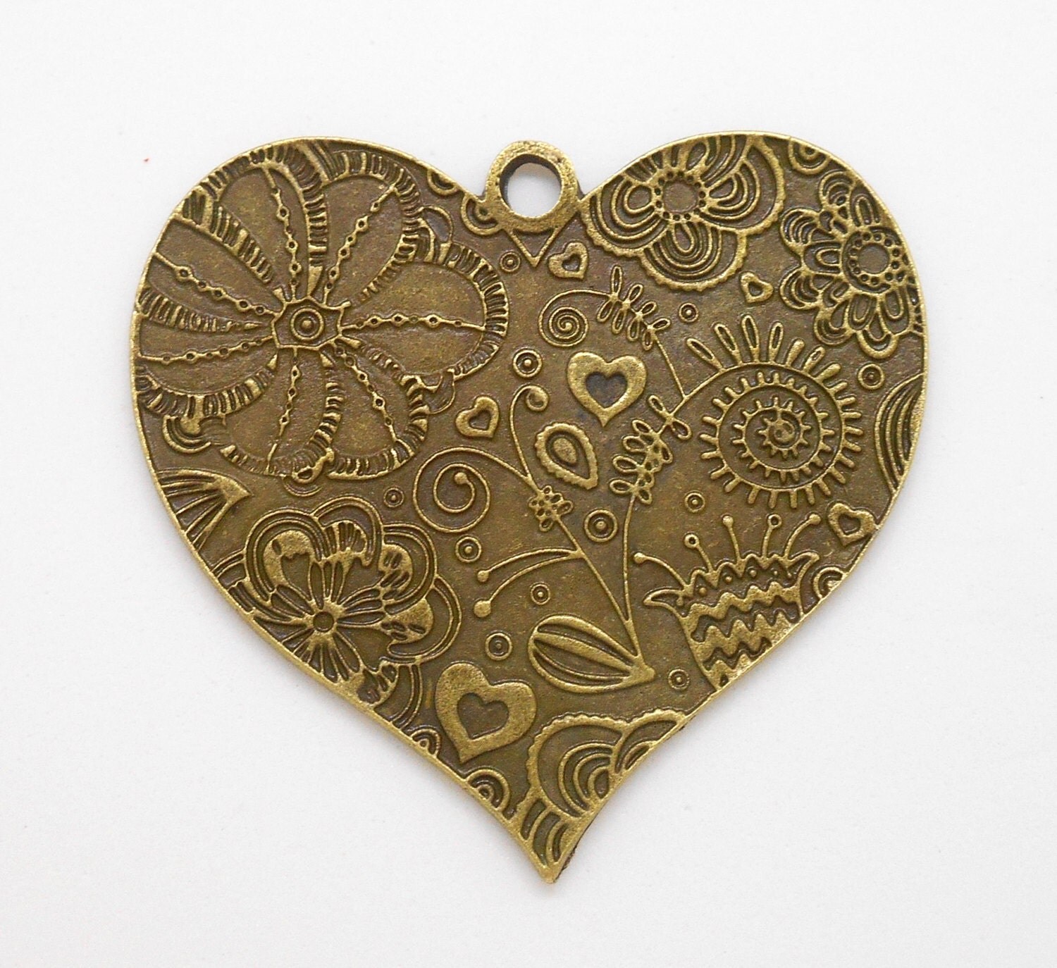 Large Ornate Antique Bronze Heart Pendant engraved with