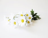 5 Daisy Branches Artificial Flowers Silk Windflower Bouquet Daisies Bush Medium White Green Yellow Measuring 2 " Floral Accessory Faux Fake