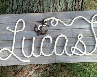 LUCAS: 32" Nautical Rope Name Sign Cottage Beach Lake House Decor- Distressed Gray