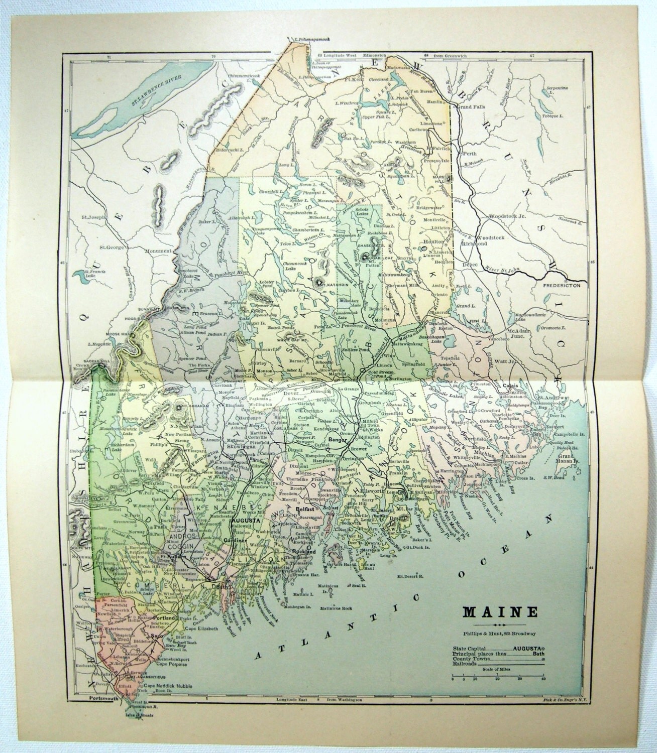 Vintage Original 1882 Map Of Maine By Phillips & Hunt