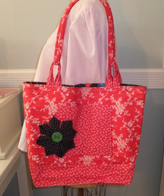 Handmade Tote Bag - Red and White Cotton, Black Fabric Flowers and ...