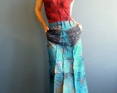Handmade Boho Skirt - iheartfink, Womens Fashion, Mod Design, Patch Pockets, Colorful Art Print, Hand Printed, Retro Futuristic, Maxi Skirt