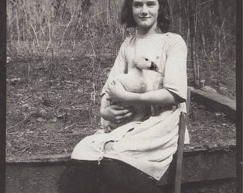 vintage photo greeting card Girl with Her Pet Duck